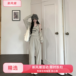实拍优质大码胖2024春季新款运动宽松休闲卫衣裤子背心三件套装女