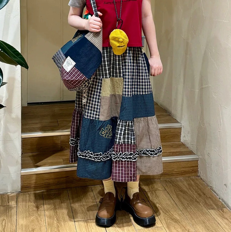 日系新品甜美百搭下摆木耳边松紧腰格子拼接半身裙女n