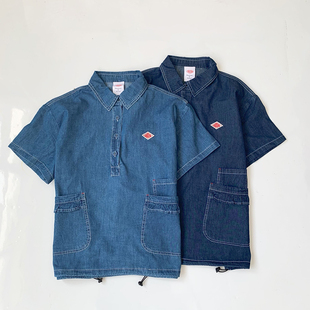 日系新品 翻领下摆抽绳多口袋牛仔短袖 T恤衫 上衣女 danton