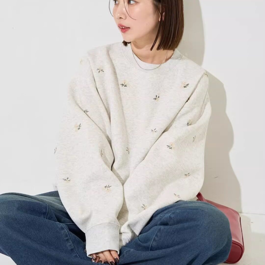 日系26早春款满身刺绣花朵毛圈棉圆领卫衣百搭上衣女