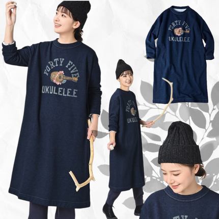 日系25秋冬新品Ctrl C 45r吉它字母印花靛蓝毛圈长裙连衣裙女