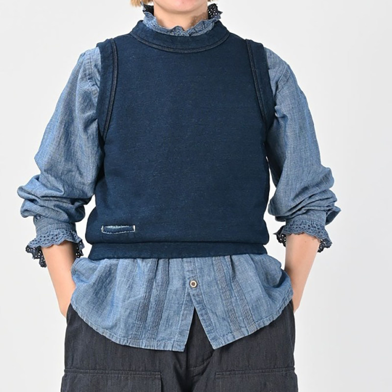 日系秋冬新品前口袋靛蓝纯色无袖背心坎肩叠穿上衣女