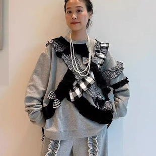 日系甜美新品 boy立体褶皱蝴蝶结后背拼接圆领卫衣百搭上衣女 bms