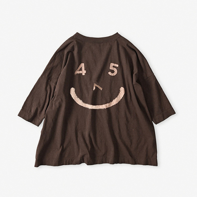 日系新品前刺绣笑脸后印花下摆开叉竹节棉靛蓝6分袖T恤衫上衣女45