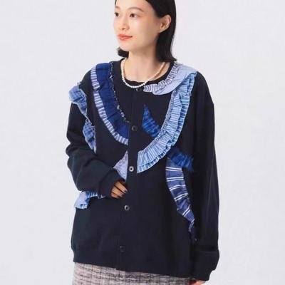 日系25夏新品beamsboy联名合作款格子荷叶边拼接棉质开衫外套女