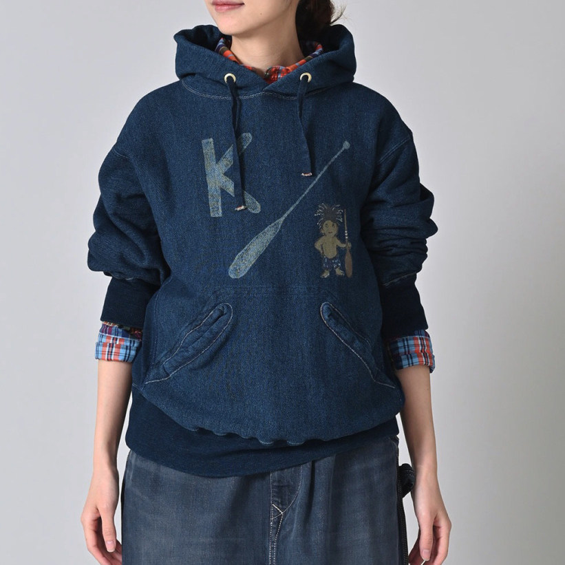 日系25新品45字母M吉他刺绣划桨图案插兜连帽卫衣靛蓝上衣女