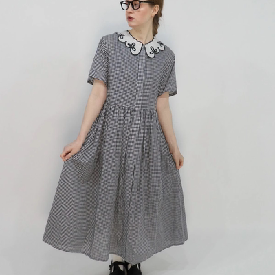 日系夏新品甜美haupia可脱卸花瓣领刺绣格子条纹全棉短袖连衣裙女