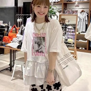 甜美下摆荷叶边字母印花全棉短袖 张晓沫日系夏新品 T恤上衣女niko