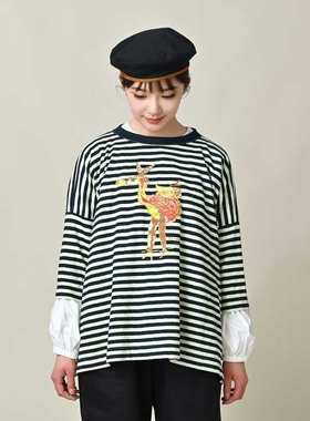 日系新品火烈鸟字母印花下摆开叉撞色条纹T恤靛蓝上衣女Ctrl C 45