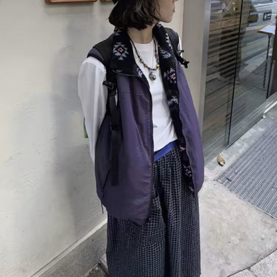 日系正反两面穿撞色图案摇粒绒保暖马甲叠穿上衣坎肩女