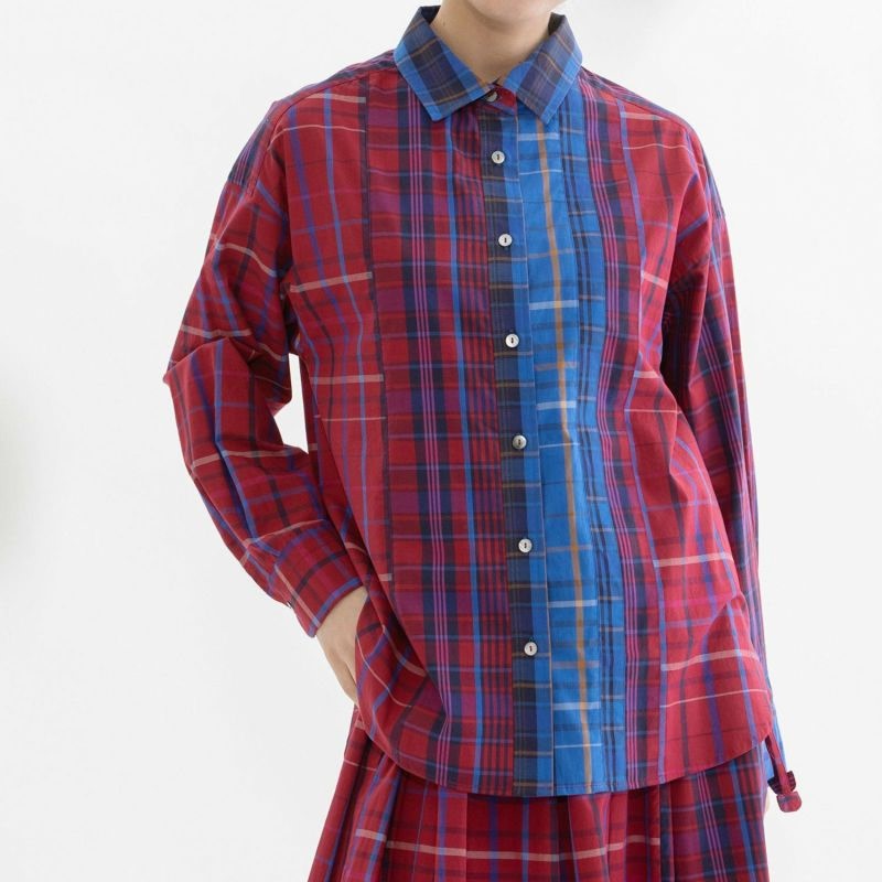 日系秋冬新品撞色拼接格子长袖衬衫百搭宽松上衣女nop