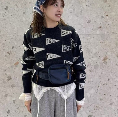 日系新品beamsboy 设计感字母提花圆领套头毛衣上衣女