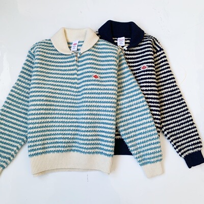 日系新品danton半拉链翻领撞色条纹长袖针织毛衣上衣女