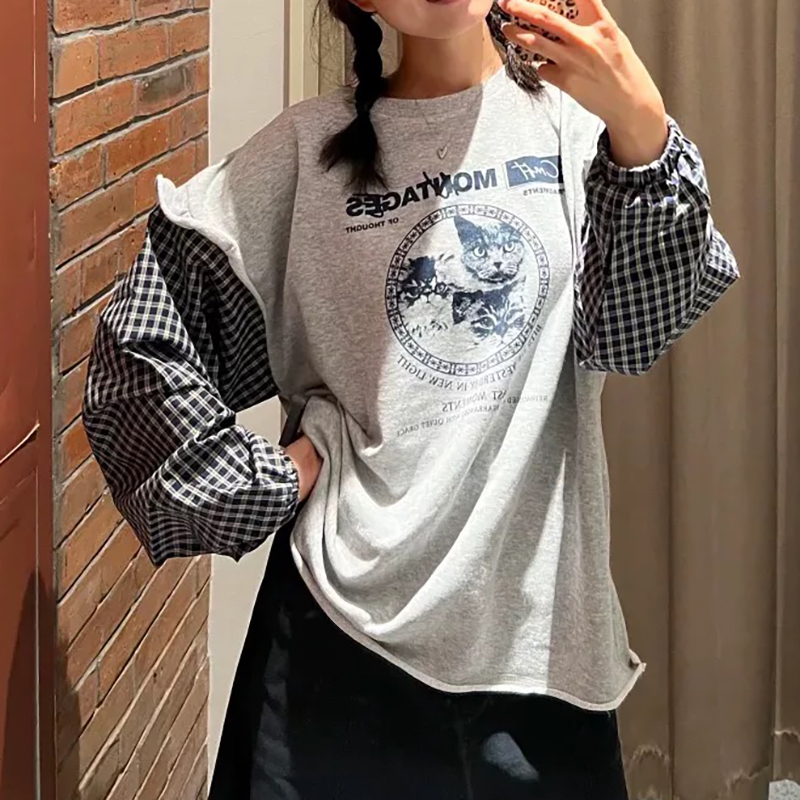 日系秋冬款格子袖拼接木耳边猫咪字母印花长袖卫衣百搭上衣女niko