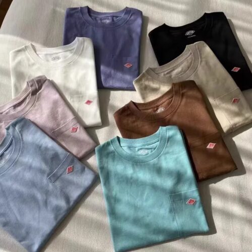 张晓沫日系夏新品菱形刺绣字母口袋纯棉短袖T恤衫danton百搭上衣