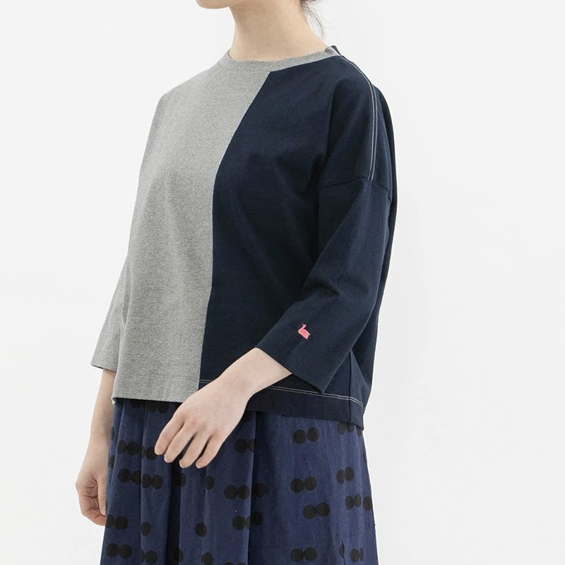 日系新品撞色拼接袖口刺绣天鹅纯棉七分袖T恤百搭上衣女n+