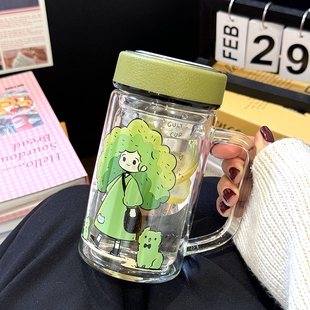 手柄茶杯茶水分离泡茶杯子情侣双层高硼硅玻璃杯女高颜值可爱水杯