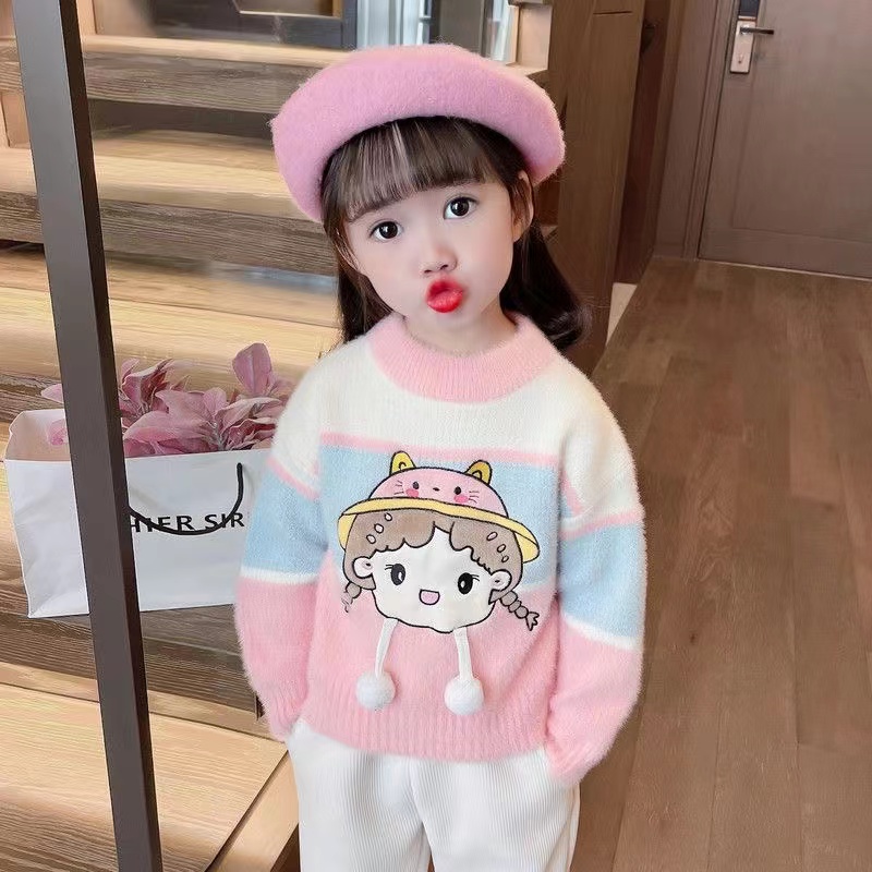 女童加厚水貂绒毛衣秋冬款卡通女孩线衣冬季宝宝上衣儿童装针织衫
