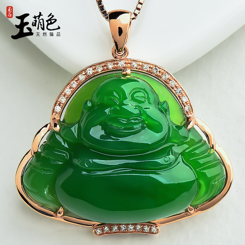 玉萌色和田玉佛公吊坠碧玉玉佛挂件18K金金镶嵌玉佛吊坠带证书