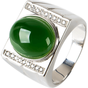 玉石和田碧玉戒指银镶玉戒指S925银镶嵌碧玉男士戒指