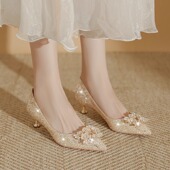 新娘婚鞋 水晶金色结婚鞋 女婚纱两穿低跟不累脚婚礼高跟鞋 2025新款