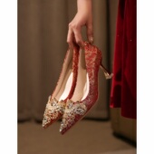 女中式 秀禾婚纱新娘鞋 2025新款 红色绝美水钻婚鞋 尖头不累脚高跟鞋