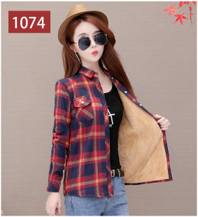 女韩版 棉长袖 修身 冬季 女装 加绒加厚保暖格子衬衫 大码 上衣 新款