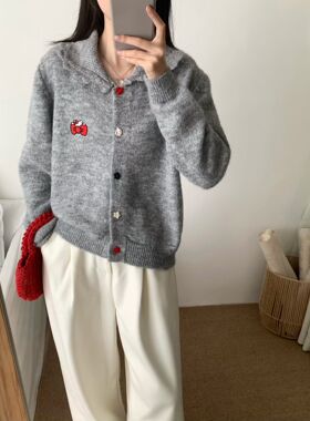 2025秋冬新款翻领针织开衫韩系卡通上衣女毛衣hellokitty外套灰色