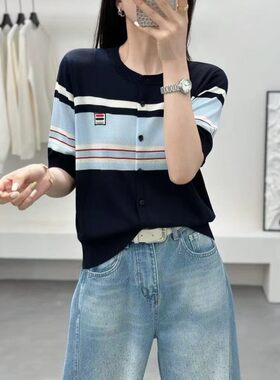 撞色蓝色条纹F家字母时尚洋气设计感针织T恤宽松休闲开衫上衣打底