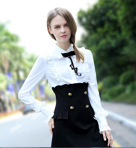 2022春秋新款假两件连衣裙荷叶边衬衫款气质优雅裙子职业装a字裙