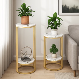 北欧轻奢大理石落地式花架铁艺置物架室内多层电视柜花架双层花架