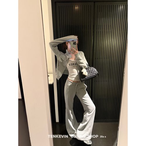 早春立领卫衣短裤微喇长裤三件套