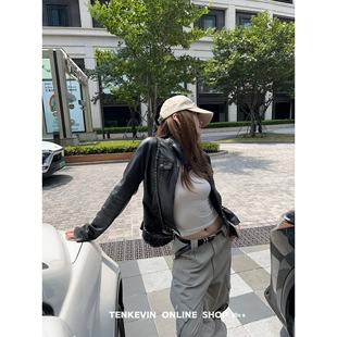 修身 皮衣外套女小个子长袖 显瘦机车夹克ll 满分复古短款 十一石