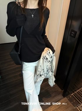 十一石 慵懒随性!垂感显瘦百搭宽松薄款卷边针织衫女秋季2026新款