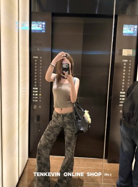 十一石 辣感升级 美式微喇迷彩工装裤女小个子宽松显瘦低腰阔腿裤