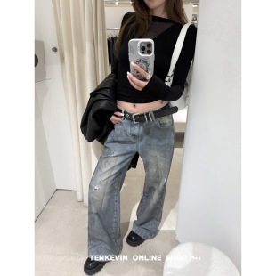 女小个子宽松阔腿直筒裤 复古破洞脏脏牛仔裤 纽约街头 十一石