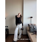 好版 型 秋冬磨毛白色直筒牛仔裤 十一石 女宽松显瘦阔腿休闲裤