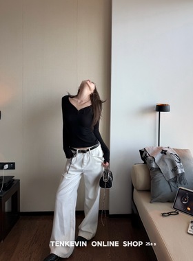 十一石 好版型！秋冬磨毛白色直筒牛仔裤女宽松显瘦阔腿休闲裤II