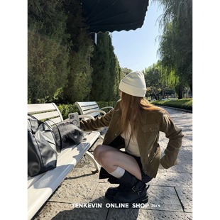 十一石 伦敦落日!美式翻领灯芯绒工装外套女小个子短款长袖夹克