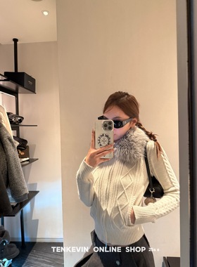 十一石 一眼惊艳!环保仿貉毛领针织开衫女修身显瘦绞花毛衣外套II