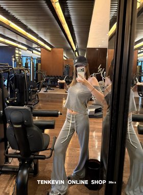 十一石 辣妹短款斜肩短袖T恤宽松显瘦微喇低腰阔腿裤女休闲两件套