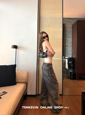 十一石 jennie风松弛感 重工水洗猫须牛仔裤女宽松显瘦直筒牛仔裤