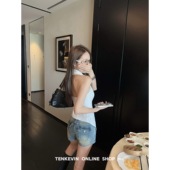 十一石 女小个子弹力紧身热裤 搭配王 复古做旧辣妹低腰牛仔短裤