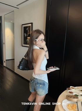 十一石 搭配王!复古做旧辣妹低腰牛仔短裤女小个子弹力紧身热裤ll