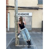 小个子宽松直筒阔腿裤 女夏季 假两件破洞拼接低腰牛仔中裤 十一石