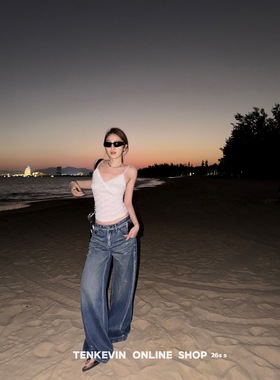 十一石 重工水洗 复古猫抓纹阔腿牛仔裤女小个子宽松显瘦直筒裤II