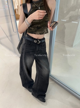 十一石 版型一绝!做旧复古直筒牛仔裤女小个子宽松阔腿拖地长裤ll