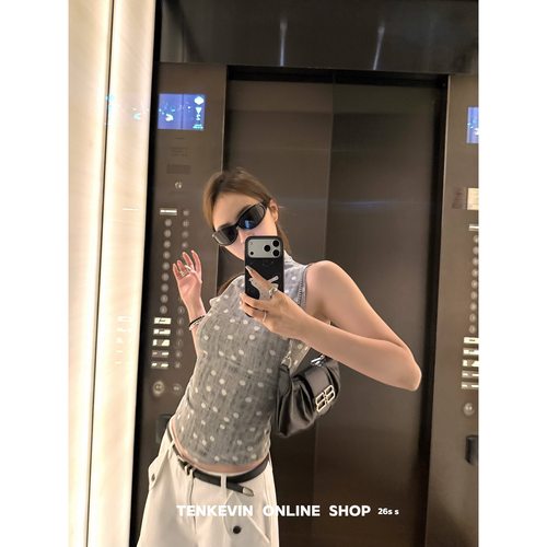 十一石 时髦回潮 波点半高领无袖背心女小个子修身显瘦套头上衣