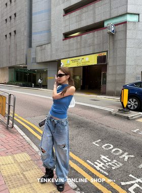 十一石 美式雅痞裤 腰头翻折破洞阔腿牛仔裤女宽松显瘦直筒裤新款