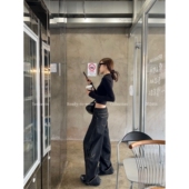 女小个子宽松长裤 复古高腰直筒阔腿牛仔裤 重工翻边设计 十一石